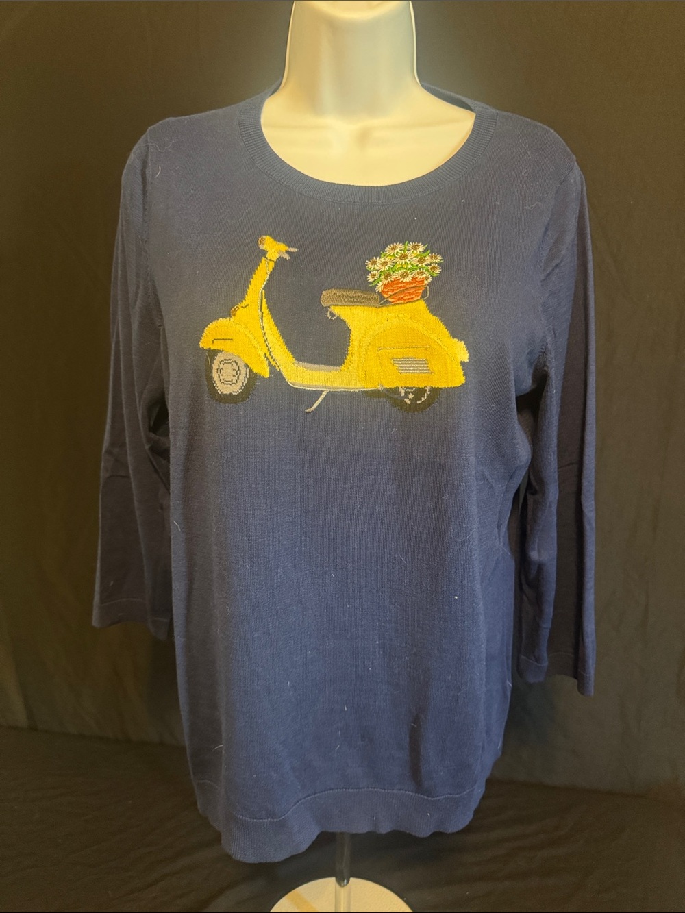 Talbots Navy Crewneck Sweater with Yellow Scooter Embroidery